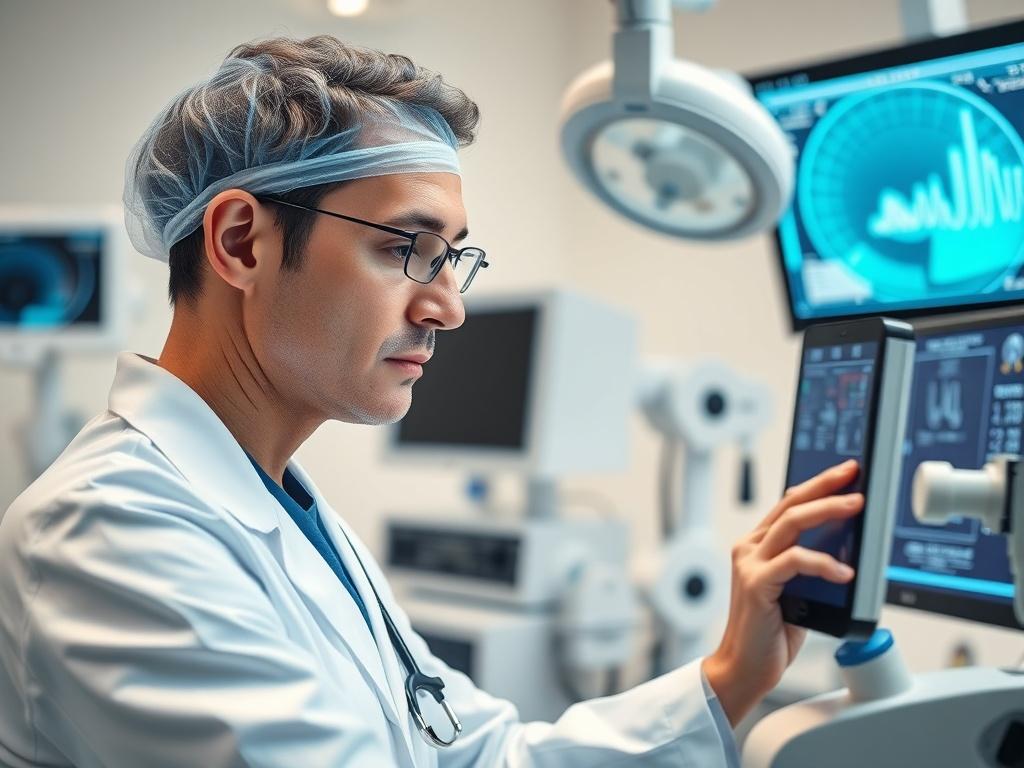 An image of a healthcare professional using advanced medical equipment in a bright, modern clinic. The professional is focused, demonstrating the use of technology to aid in patient care. The background features high-tech monitors and medical tools, emphasizing a commitment to innovation.