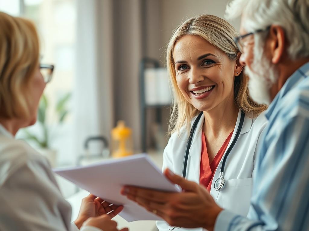 A close-up shot of a healthcare professional discussing treatment plans with a patient. The background is soft-focused to highlight the interaction, with warm lighting to create a welcoming atmosphere. The healthcare professional is smiling and gesturing towards a chart, emphasizing a caring and attentive approach.