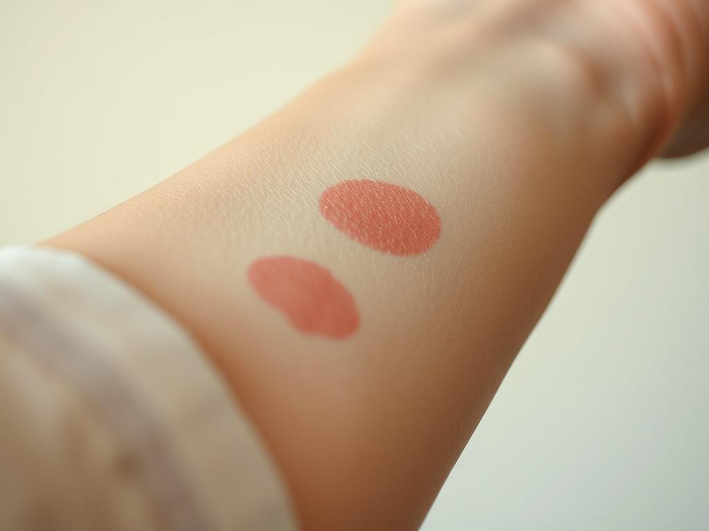 A close-up shot of a person's forearm showing mild redness and irritation, indicating dermatitis. The skin texture is clearly visible, with a focus on the affected area. The background is softly blurred to emphasize the skin condition, using a simple and clean composition. The lighting is natural and warm, highlighting the details of the skin without distractions.