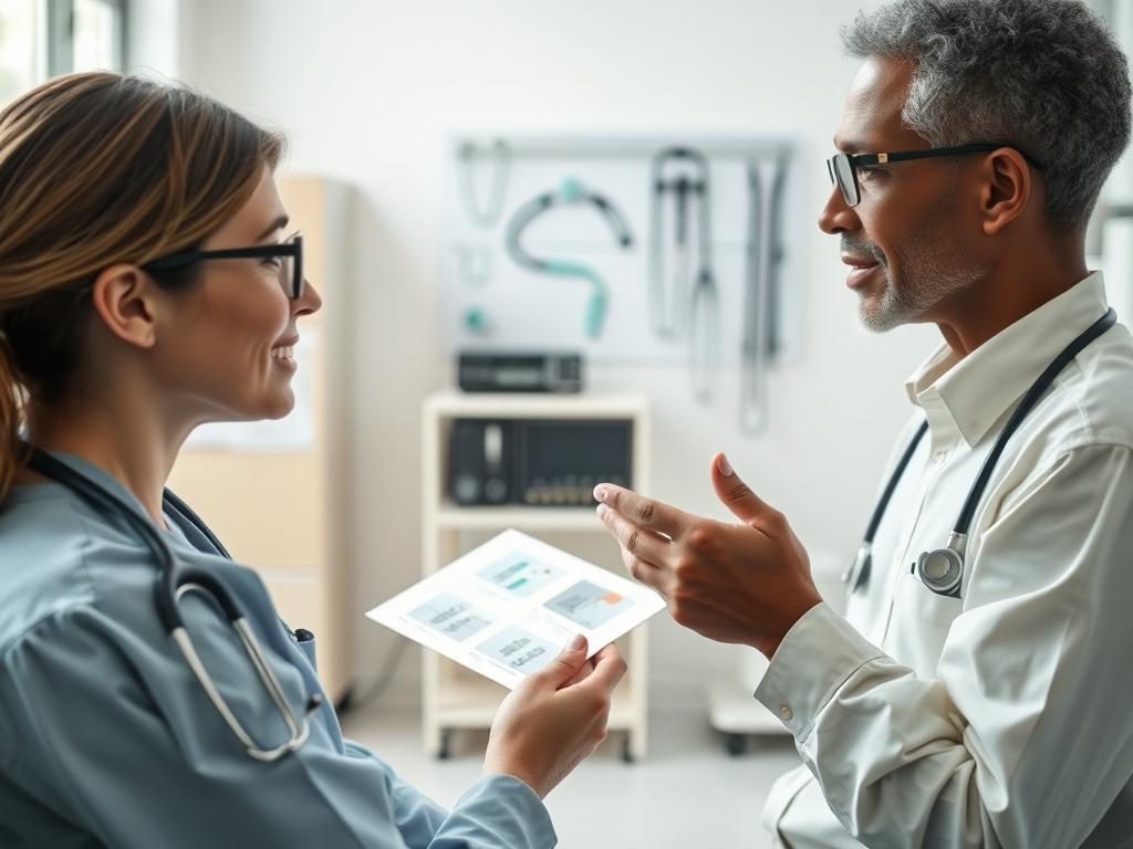 A close-up of a healthcare professional explaining treatment options to a patient with visual aids in hand. The setting is bright and welcoming, with medical tools subtly displayed in the background, symbolizing trust and professionalism.