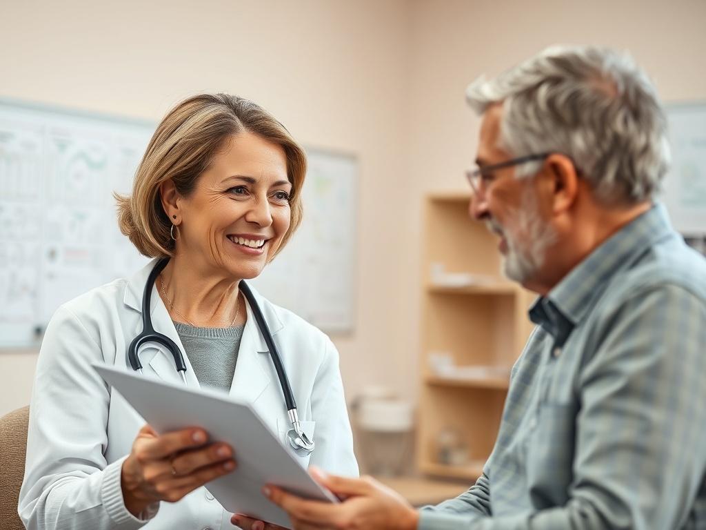 A close-up of a caring healthcare professional discussing a health plan with a patient in a well-lit office. The professional is smiling, representing empathy and support, while the patient looks engaged and hopeful. The background features soft, calming colors and medical charts, enhancing the atmosphere of trust and dedication.