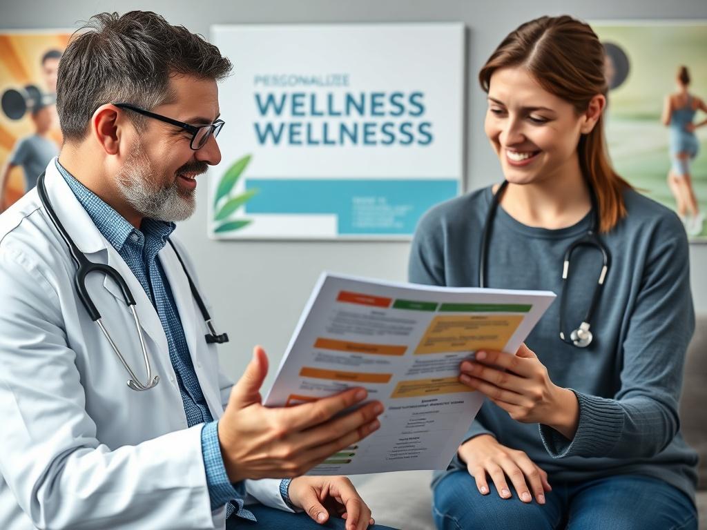 A close-up of a patient reviewing a personalized wellness plan with a healthcare provider. The provider is demonstrating the plan's components with enthusiasm, and the background showcases motivational health images that inspire confidence and commitment.