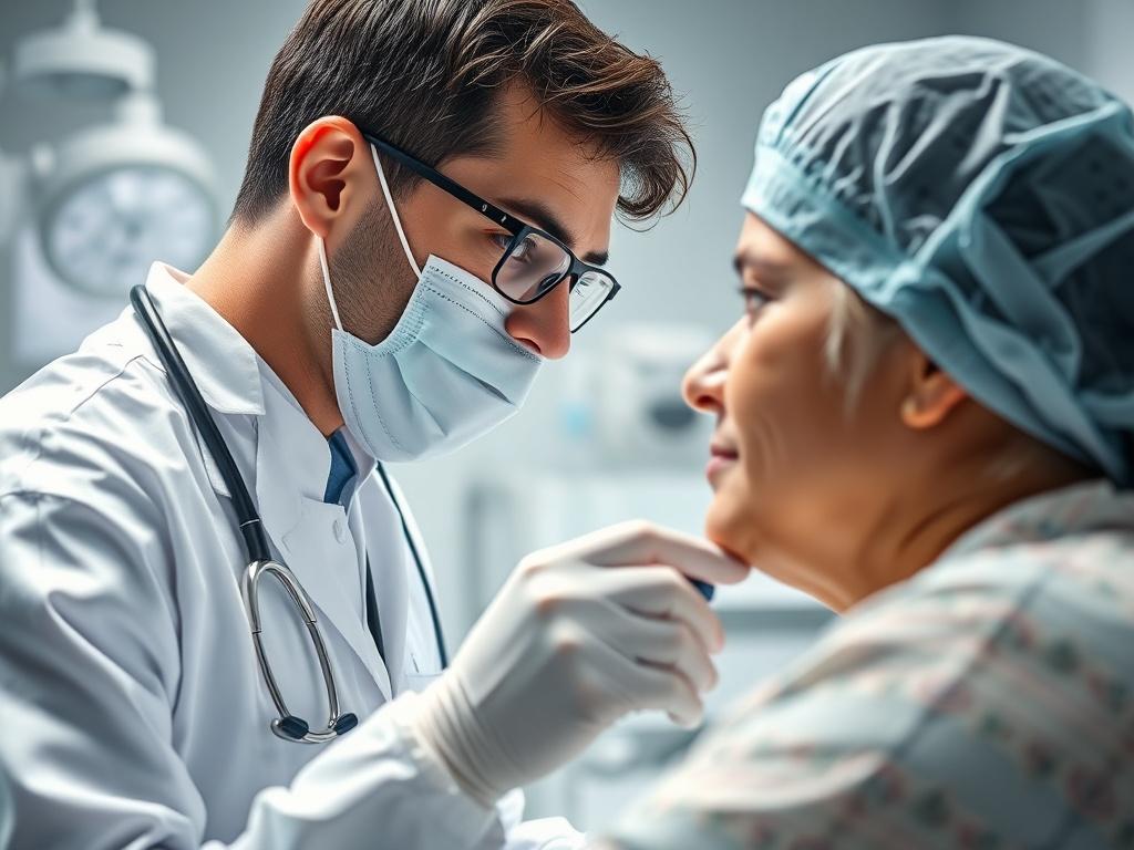 A close-up shot of a healthcare professional examining a patient in a clinical setting. The professional is focused and attentive, with medical tools in the background, creating a sense of care and expertise. The lighting is bright and inviting, emphasizing the cleanliness and professionalism of the environment. The color scheme should harmonize with the #32324E primary color, ensuring a cohesive and calming atmosphere.