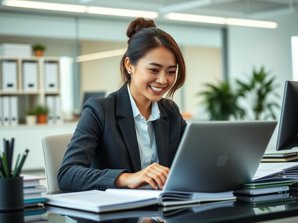 A professional virtual assistant working diligently at a desk, surrounded by organized paperwork and a laptop. The scene captures a focused individual with a warm smile, engaged with a digital device. The background should be a clean, modern office space with bright lighting and minimal distractions. The composition should emphasize the assistant as the central subject, showcasing a workspace that reflects productivity and organization.