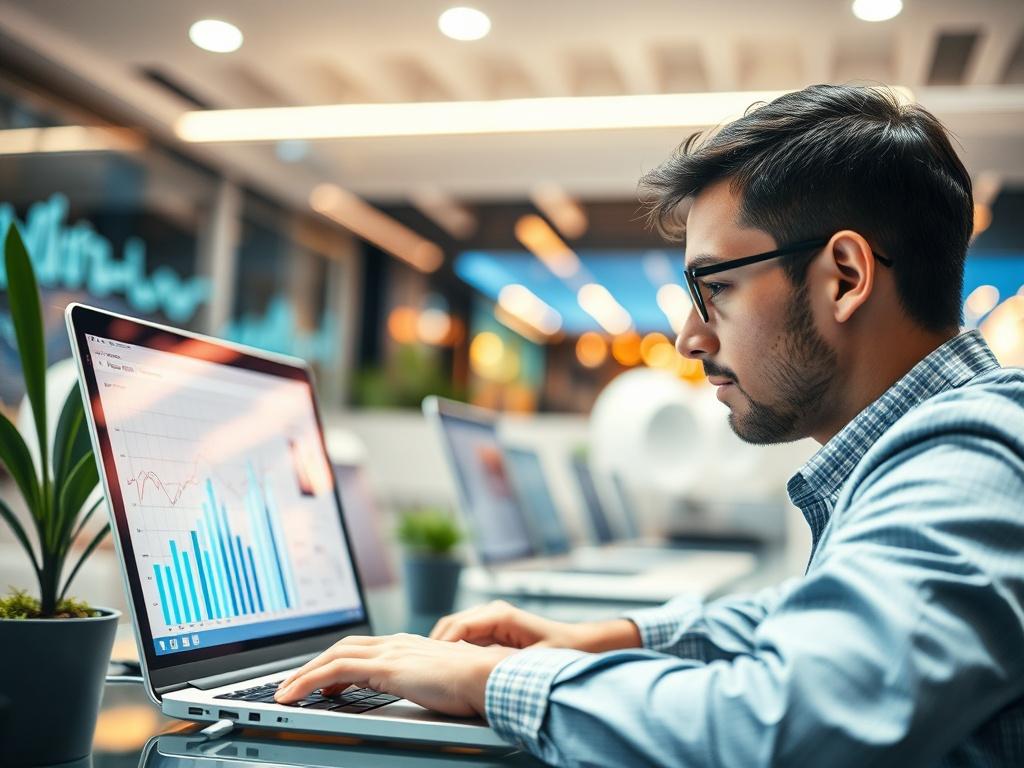 A close-up shot of a vibrant digital landscape, showcasing a person working on a laptop in a modern workspace. The background features sleek technology elements, such as graphs and charts reflecting digital growth, with a bright and inviting atmosphere. The subject is focused on the screen, conveying determination and innovation, shot with a 45mm f/1.2 lens style.