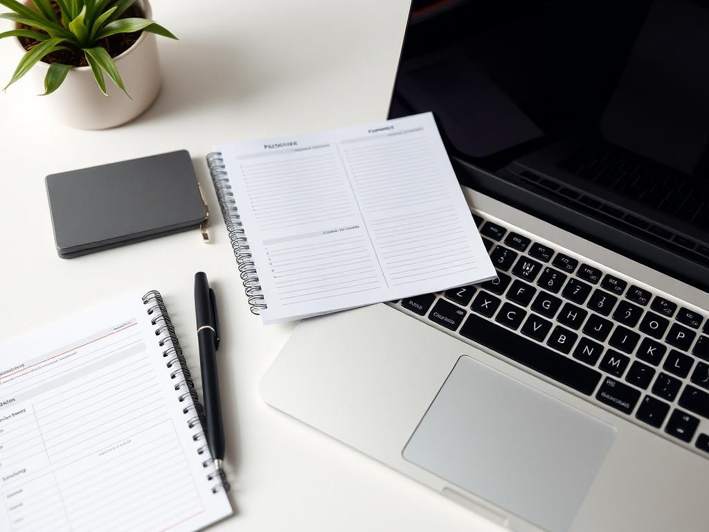 A close-up shot of a neatly arranged workspace featuring a laptop, productivity planner, and a set of customizable business templates. The background should be a soft, neutral color, enhancing the focus on the laptop and planner. The lighting should be bright and inviting, capturing the essence of a productive work environment.