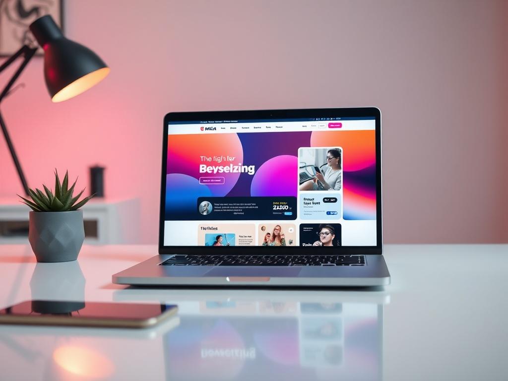 Create a highly detailed, realistic high-resolution image that captures the essence of modern web design trends for 2023. The composition should be simple and clear, featuring a single subject: an elegant laptop displaying a vibrant and visually engaging website layout. The screen should showcase elements such as bold typography, dynamic color palettes, and trendy UI components, all reflecting the latest design trends.

In the background, include a sleek and minimalistic workspace that emphasizes a clean an