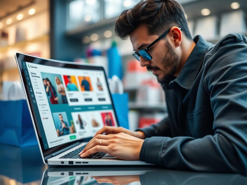 A hyper-realistic close-up of a digital entrepreneur setting up an e-commerce platform on a laptop, showcasing vibrant product images and checkout options on the screen. The setting is bright and modern, with elements of online retail such as shopping bags and products in the background. The color scheme incorporates blues and dark grays.