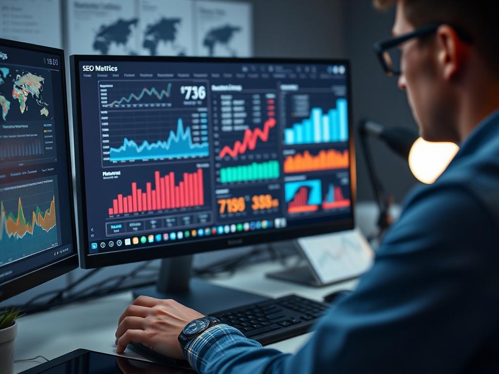 A hyper-realistic close-up of a digital marketing expert analyzing a website's SEO metrics on a computer screen. The background features charts and graphs depicting performance metrics, with a focus on a clean and organized workspace. The color scheme should include shades of blue and gray, emphasizing a professional atmosphere.