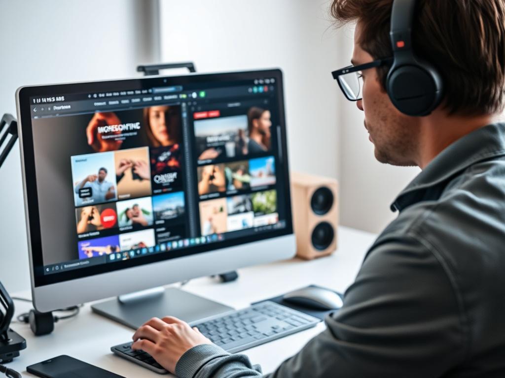 A hyper-realistic close-up of a professional web designer working on a custom website design project, showing a computer screen with vibrant website layouts and design elements. The designer is focused, with a clean, minimal workspace in the background, featuring tech equipment and design tools. The color palette should reflect shades of blue and gray, adding a modern touch.