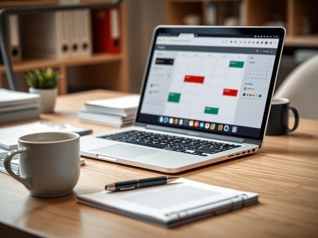 A close-up shot of a modern office desk with a laptop open, displaying a well-organized calendar and email application. On the desk, there are neatly stacked documents, a sleek pen, and a cup of coffee. The background is softly blurred to emphasize the desk's tidy appearance, creating a professional and inviting atmosphere. The image should use a neutral color palette with touches of the primary color rgb(2, 86, 197) in the accessories.