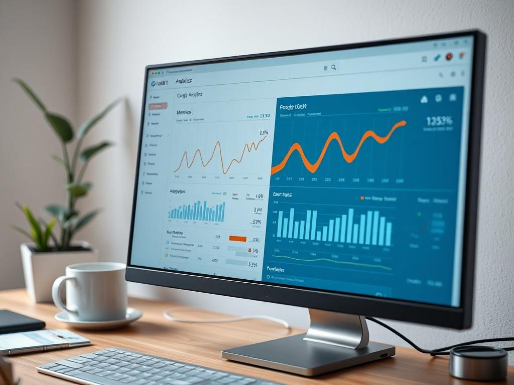A hyper-realistic close-up shot of a computer screen displaying Google Analytics dashboard with graphs and metrics. The background features a clean work desk with a plant and a coffee cup.