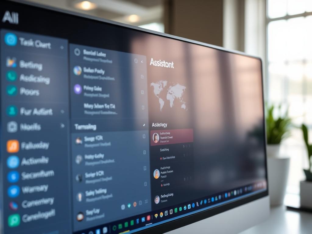 A hyper-realistic close-up shot of a virtual assistant software interface on a computer screen, with task lists and calendar views. The background shows a calm office environment with soft lighting.