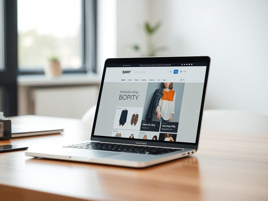 A hyper-realistic close-up shot of a modern e-commerce website displayed on a laptop, showcasing a fashion clothing page. The background is a simple, blurred workspace with natural light, focusing on the laptop screen.