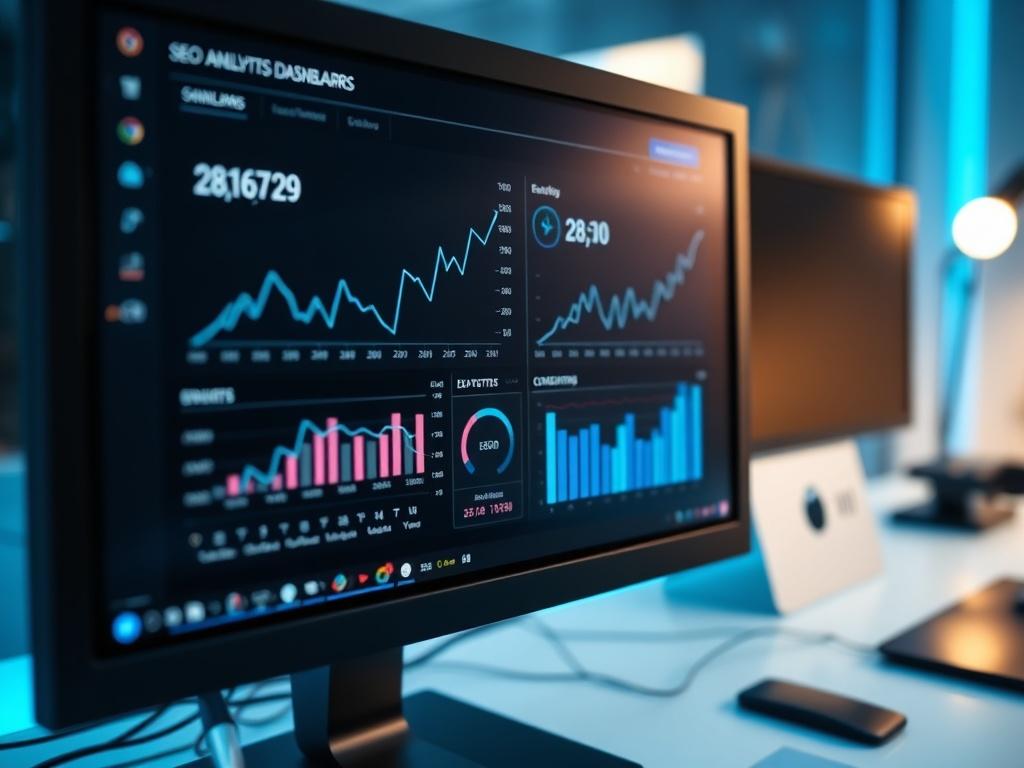 A close-up shot of a computer screen displaying an SEO analytics dashboard. The screen shows graphs and data points related to website performance. The setting is professional, with a focus on the screen, and the color scheme includes cool blue accents, indicating a tech-focused environment.
