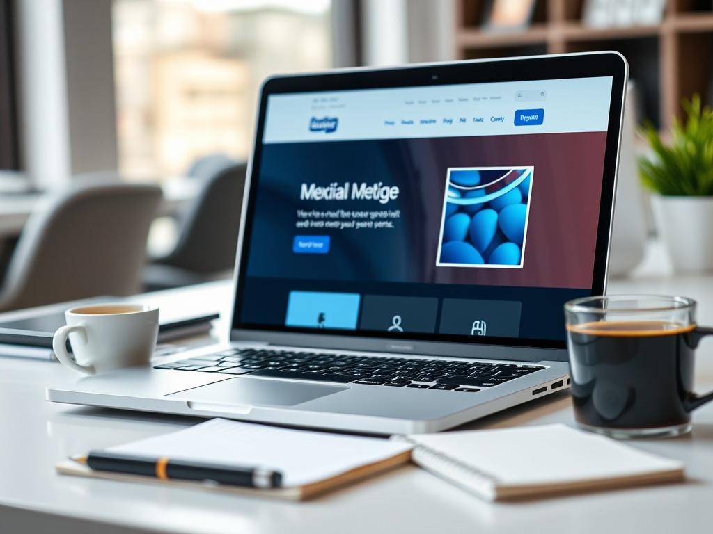 A close-up shot of a modern laptop displaying a beautifully designed website. The laptop is placed on a clean desk with a notepad and a cup of coffee. The background is blurred, emphasizing the laptop screen. The color palette includes shades of blue and dark gray, creating a professional and tech-focused atmosphere.