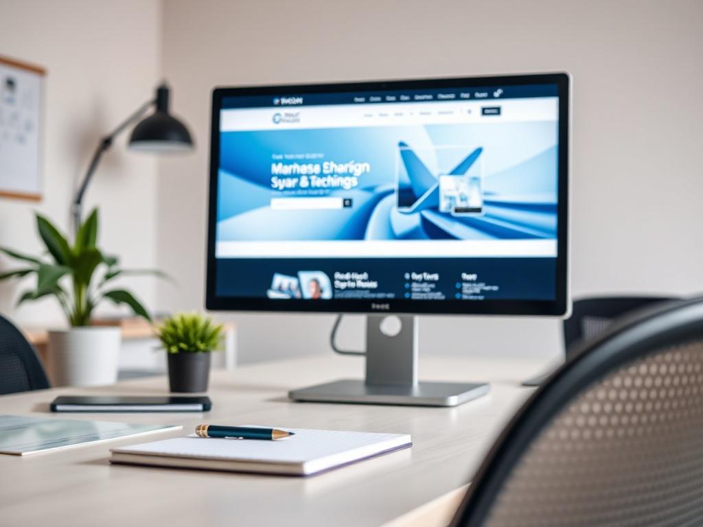 A modern office workspace featuring a close-up of a computer screen displaying a beautifully designed website. The desk is minimalistic with a notebook and a plant in the background. The lighting is bright, emphasizing the website design on the screen, showcasing a blend of blues and whites in the design.