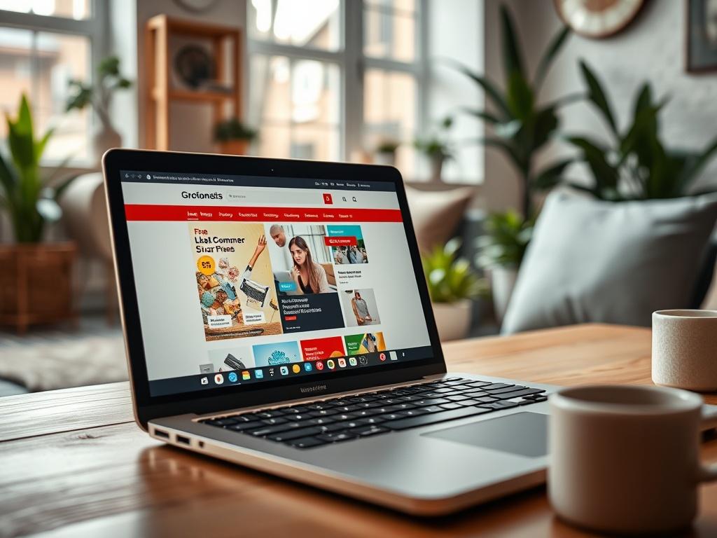 A close-up shot of a laptop displaying an e-commerce website in the process of being set up. The screen showcases a colorful product page, with a shopping cart icon visible. In the background, a cozy, well-lit workspace with soft furnishings and plants creates an inviting atmosphere.