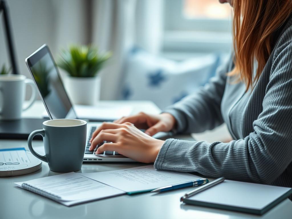 A realistic close-up of a virtual assistant working on a laptop, surrounded by notes and a coffee cup. The setting should reflect a modern and organized home office, with soft lighting and a calming atmosphere. The color scheme should feature cool tones, particularly blues and grays.