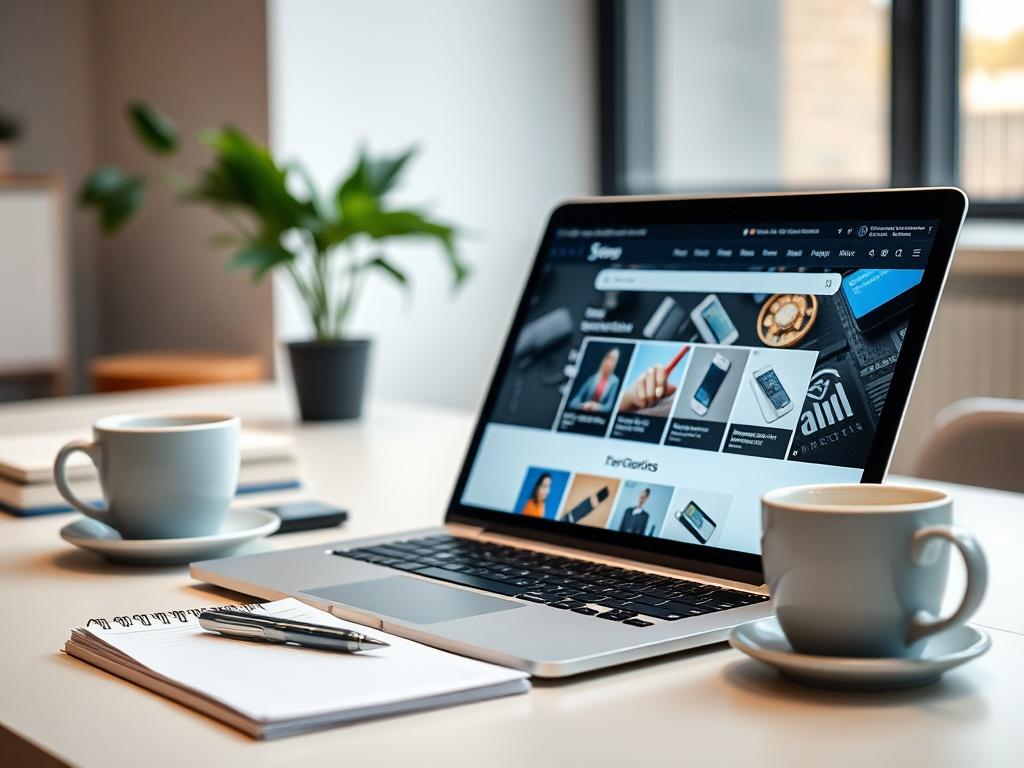 A close-up shot of a modern workspace featuring a laptop with an e-commerce website displayed on the screen. The background should be minimalistic and professional, showcasing a clean desk with a notepad, a pen, and a coffee cup. The color palette should be neutral, with hints of blue to match the brand’s primary color.