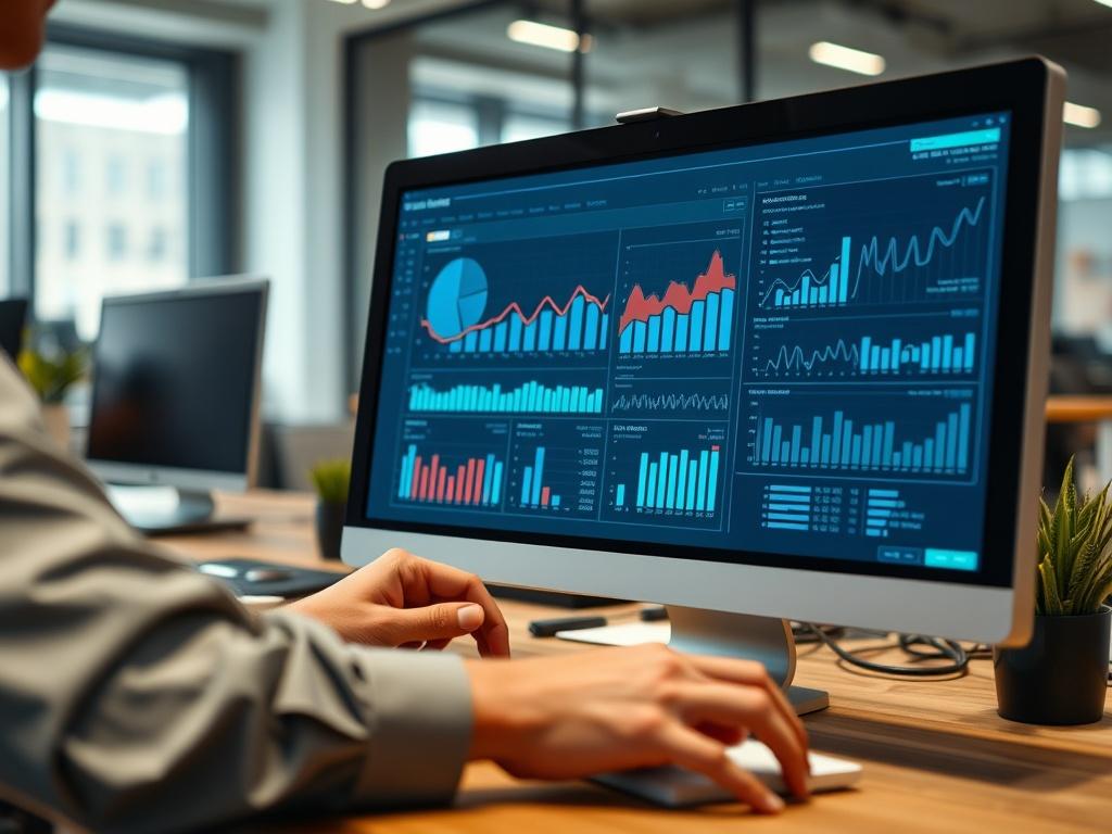 A close-up shot of a digital marketing professional analyzing website analytics on a computer screen. The background should depict a modern office environment with charts and graphs on display, creating a sense of professionalism and focus on data-driven results. The image should align with a cool color palette.