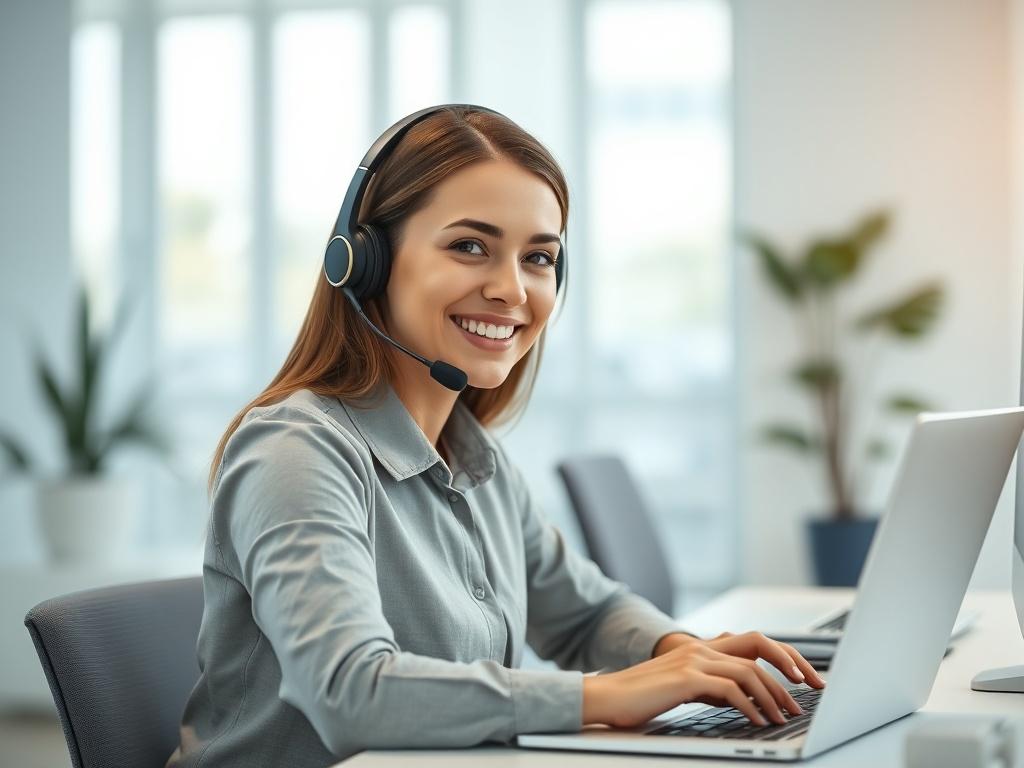 A close-up shot of a professional customer support representative smiling while wearing a headset, sitting at a modern desk with a laptop open, surrounded by a clean, minimalistic office environment. The background is softly blurred to emphasize the representative. The image captures a sense of warmth and professionalism, reflecting a positive customer support experience. The color palette includes cool tones, particularly blues and whites, in line with the brand's identity.