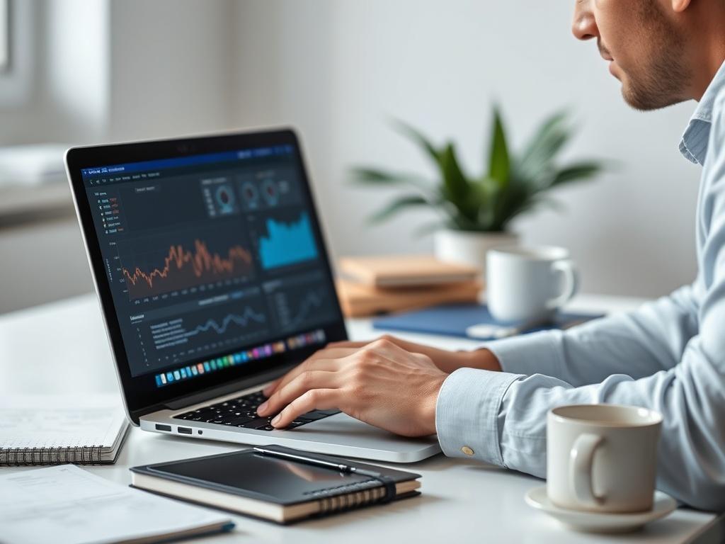 A close-up shot of a project manager working on a laptop, analyzing data on a screen. The scene should depict a modern workspace with a clean desk, a planner, and a coffee cup. The background should have soft-focus elements like plants or a window with natural light. The overall color palette should be neutral, with cool tones, emphasizing a professional and organized environment.