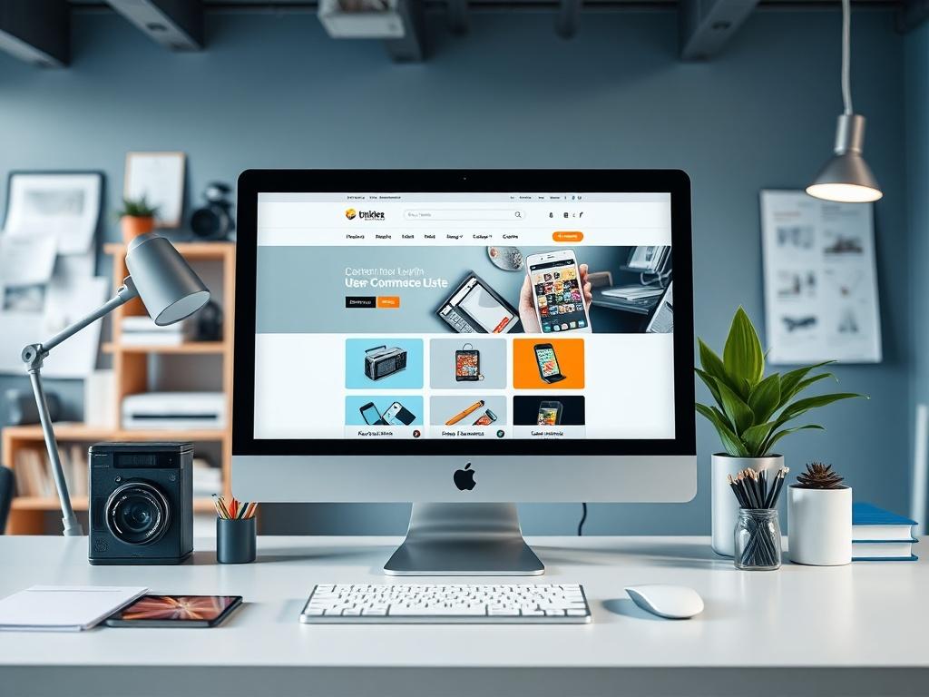 A modern office desk with a desktop computer displaying a vibrant e-commerce website. The background features a stylish, organized workspace with tech gadgets and a plant for a touch of nature. The color scheme is cool with blues and grays, creating an inviting atmosphere for creativity and productivity. The image emphasizes the user-friendly interface of the website on the computer.