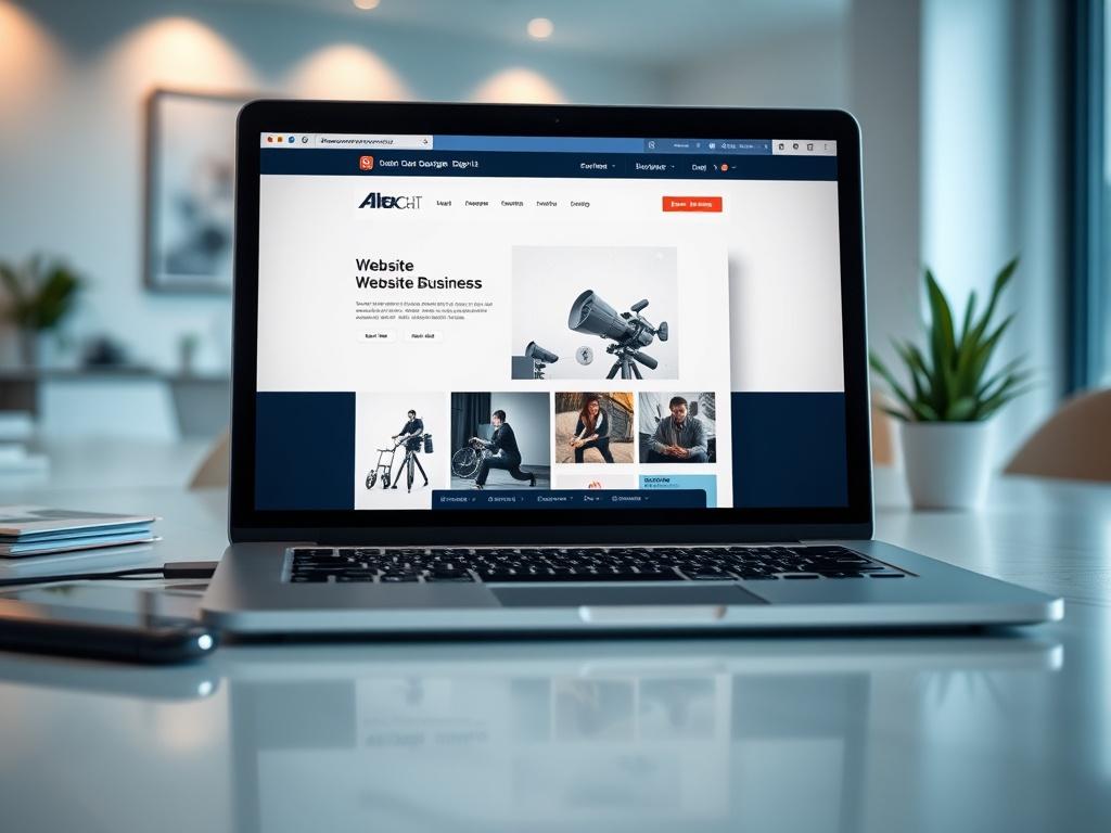 A sleek laptop open on a workspace with a website design interface displayed on the screen. The background features a clean, minimalistic office setting, with soft lighting highlighting the laptop. The color palette includes shades of blue and white, emphasizing professionalism and modernity. The focus is on the laptop screen, showcasing the digital aspect of the business.