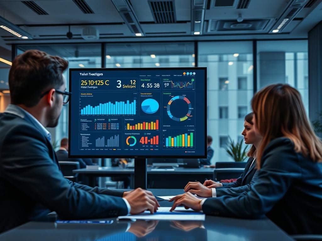 A sophisticated office environment showcasing a team collaborating over a project on a large screen. The screen displays analytical data and website performance metrics. The atmosphere is dynamic and professional, with an emphasis on teamwork and cutting-edge technology. The color palette includes deep blues and dark grays, enhancing the modern feel of the workspace.