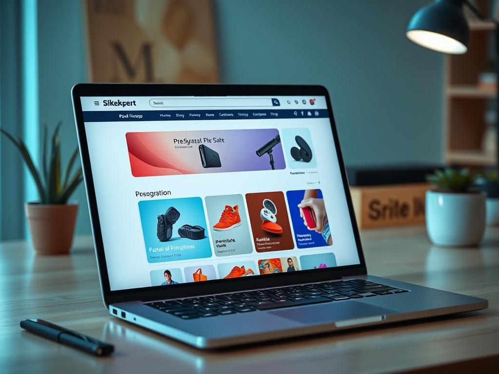 A close-up shot of a modern e-commerce website on a laptop screen, showcasing vibrant product images and an easy navigation menu, set in a minimalistic workspace with cool color tones.