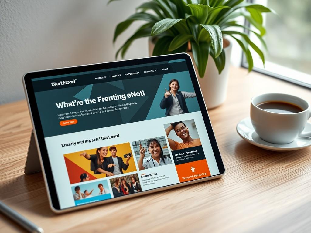 A detailed close-up of a vibrant NGO website on a tablet, featuring impactful visuals and engaging text, placed on a desk with a plant and a cup of coffee.