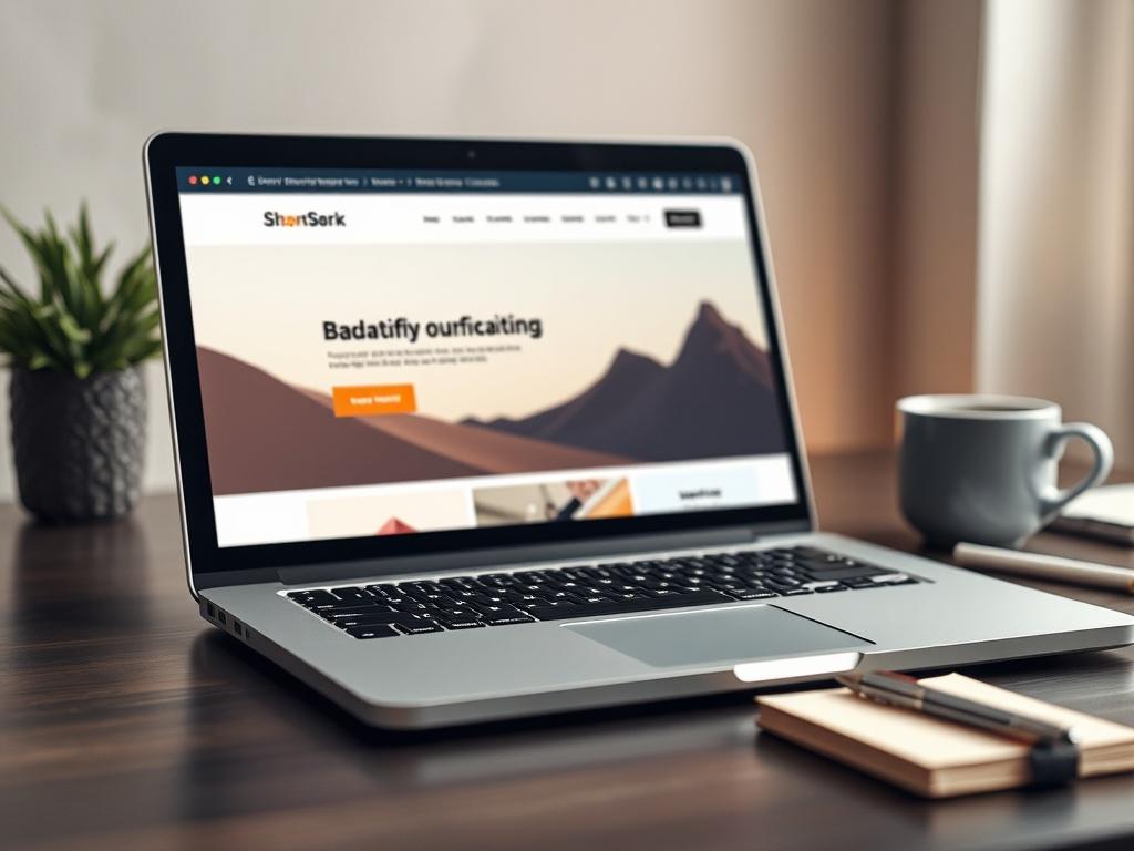 A close-up shot of a modern laptop displaying a beautifully designed website interface, with a clean and minimalistic layout. The background should have soft, neutral colors to convey professionalism, with elements like a coffee cup and notepad subtly placed to suggest a creative workspace.