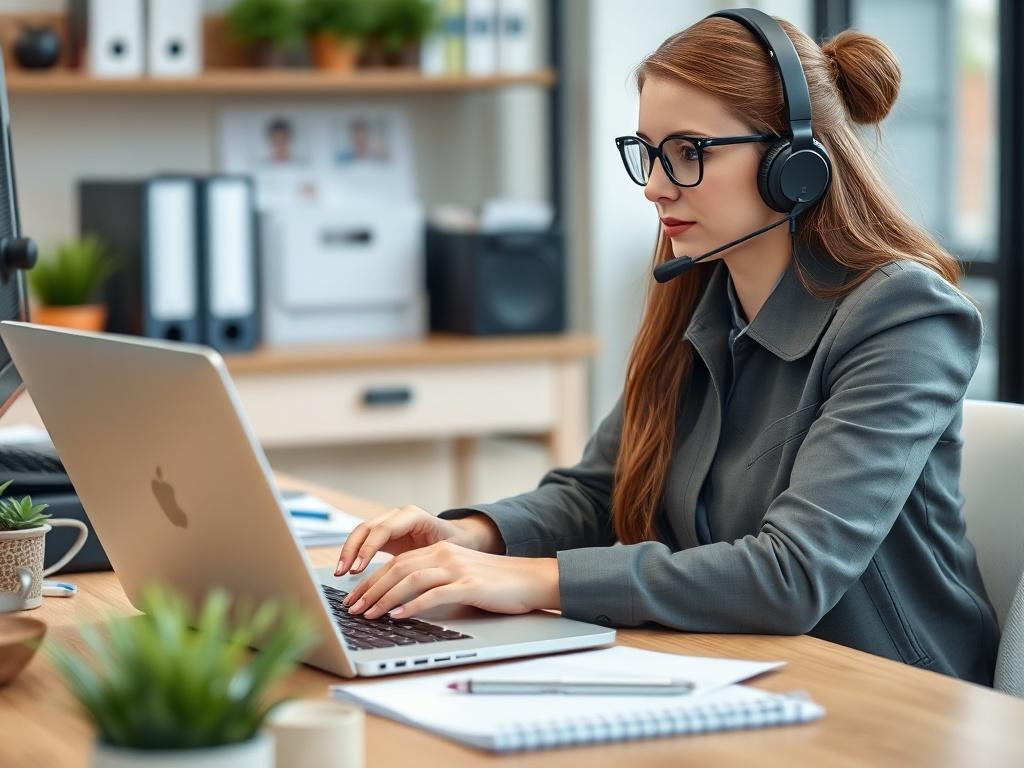 A realistic close-up of a professional virtual assistant working at a desk with a laptop, headset, and notepad. The background should include elements that represent an organized workspace, conveying efficiency and professionalism.