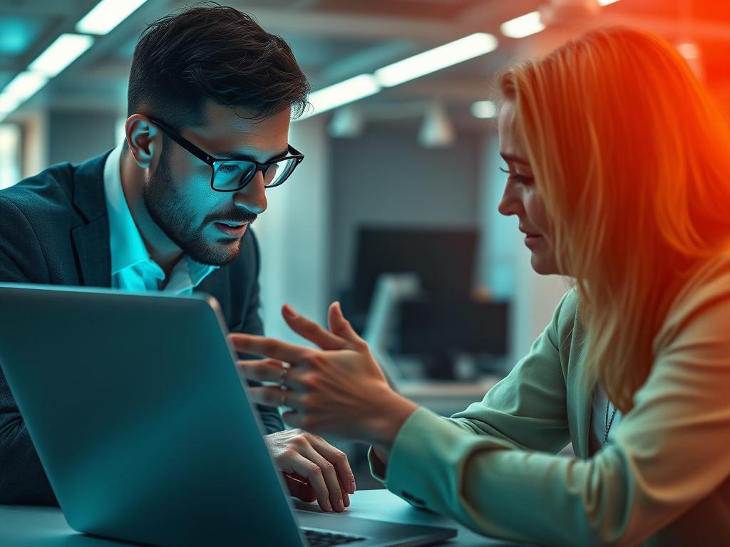 A close-up shot of a professional IT consultant engaging with a client in a modern office environment. The consultant is explaining a strategy using a laptop, with a clear focus on the interaction. The background features a sleek, tech-savvy workspace with subtle lighting that highlights the consultant's expertise. The color palette should include shades of green (rgb(50, 170, 39)) to reflect a fresh and innovative approach.