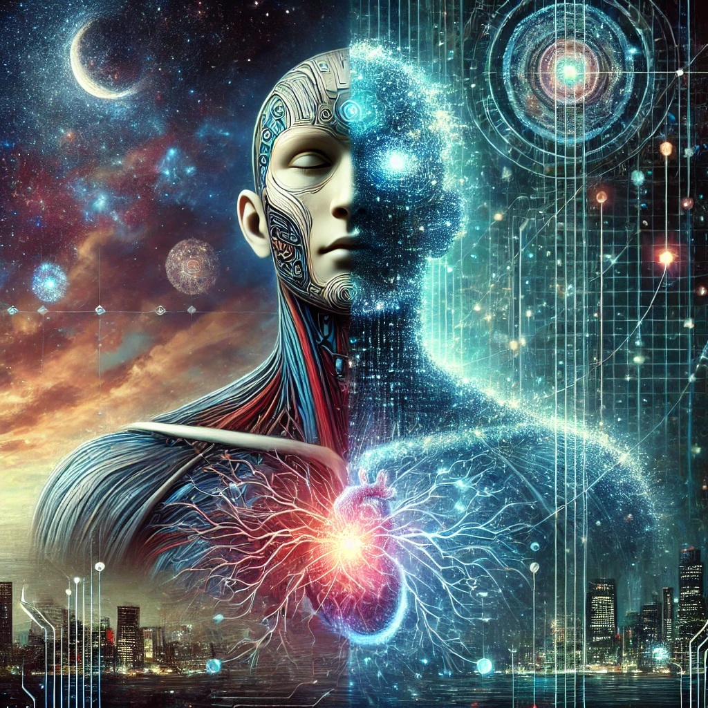 dall·e 2024-12-03 04.38.56 - a futuristic digital painting illustrating the fusion of humanity and technology. the central figure is a human-ai hybrid with one half of their body .webp