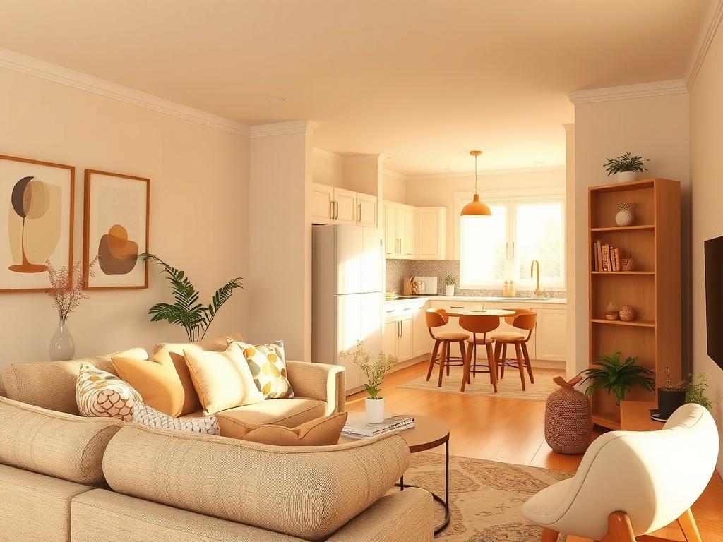 A cozy, well furnished rental space featuring soft lighting and