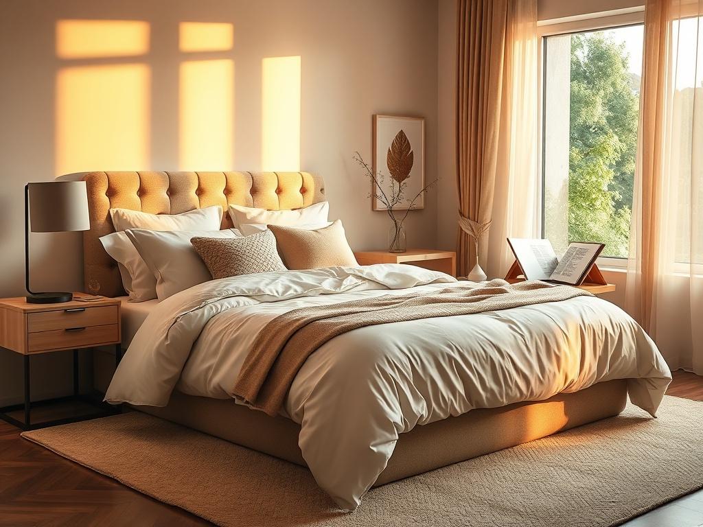 A tranquil bedroom setup showcasing a plush queen sized bed