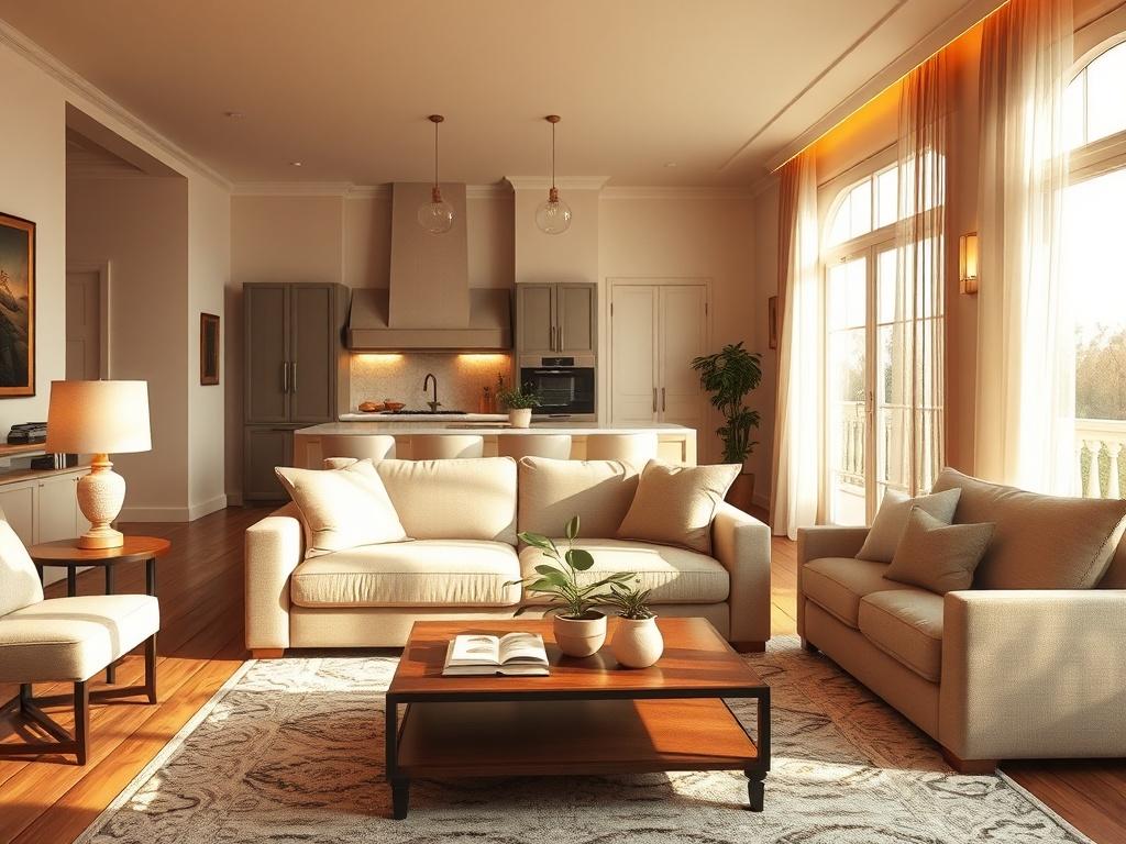 A cozy, fully furnished living room featuring a comfortable sofa,