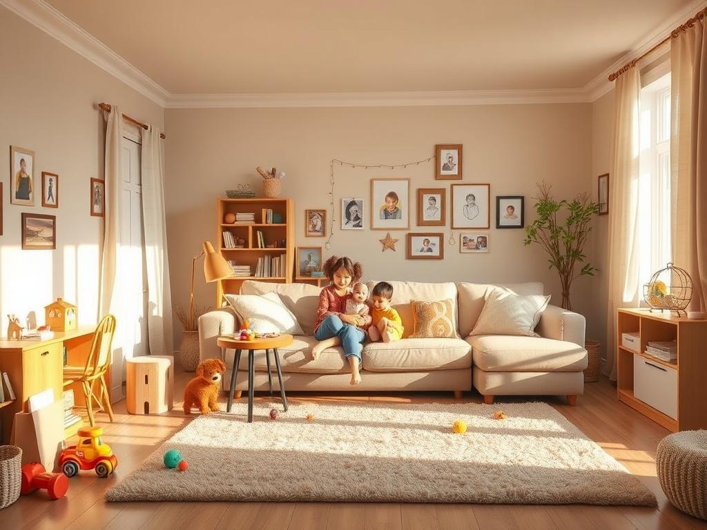 A warm, inviting family room with a large sofa, toys