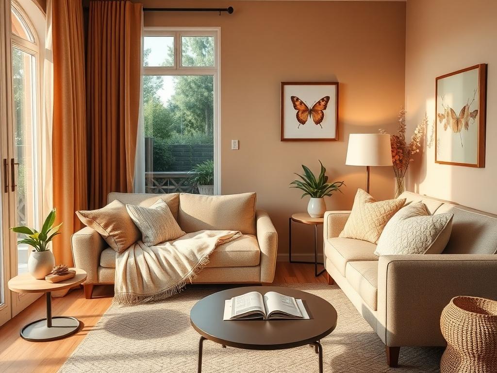 A cozy, well furnished living room featuring a comfortable sofa,