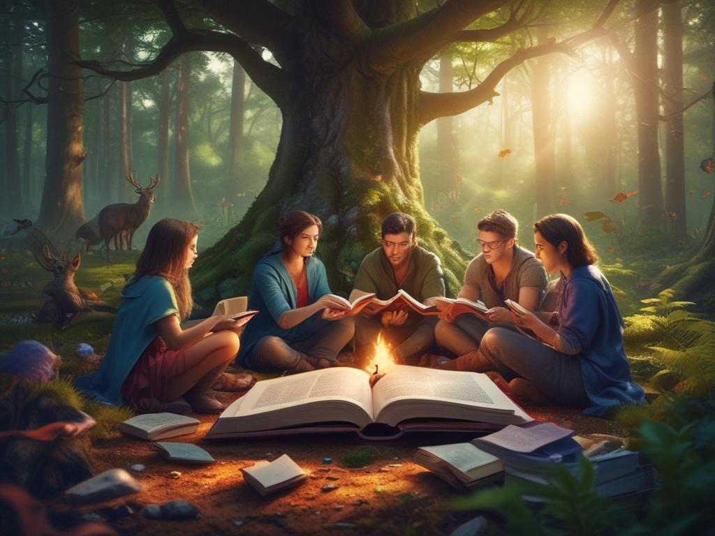A vibrant fantasy scene featuring a diverse group of people in a cozy book club setting, surrounded by fantasy books and magical artifacts. The background showcases a mystical forest with vibrant colors, creating an inviting and imaginative atmosphere. The subjects are engaged in lively discussion, with expressions of joy and excitement, emphasizing connection and community.