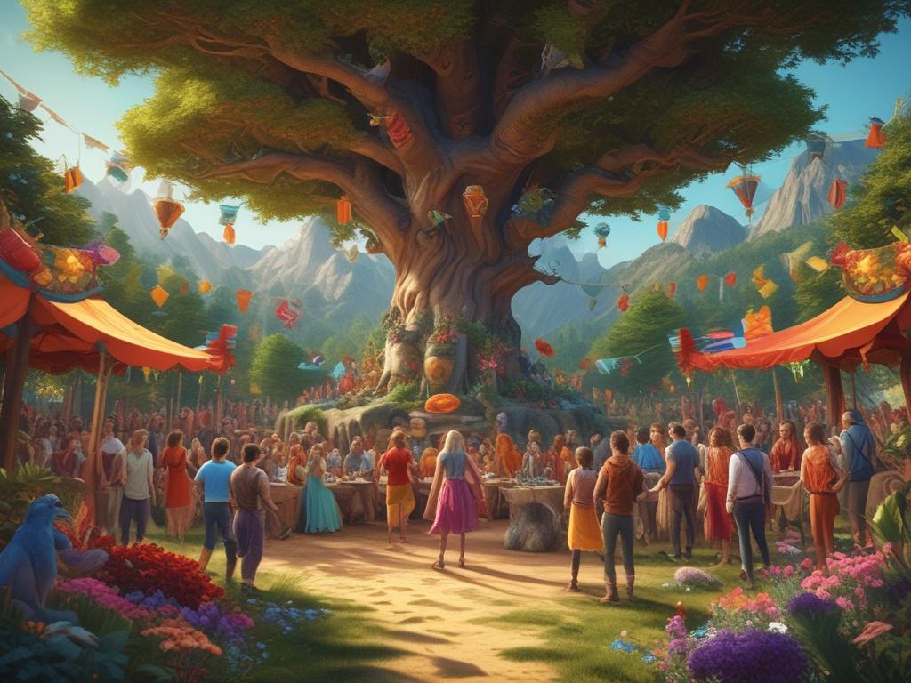 A vibrant and enchanting scene depicting a magical fantasy event, with colorful banners and decorations, fantasy creatures mingling with attendees, and a backdrop of whimsical trees under a starlit sky. The composition focuses on joyful interactions and a sense of community, showcasing the essence of fantasy and connection among attendees. The colors should be bold and vibrant, with a warm glow illuminating the scene.