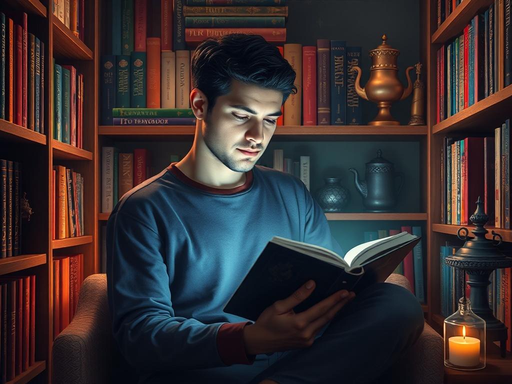 A realistic high-resolution photo of a cozy reading nook featuring a person engaged in reading a fantasy book on a digital device. The background should include shelves filled with colorful fantasy novels and magical artifacts, creating an inviting atmosphere. The individual should appear immersed in the story, with a warm light illuminating the space, reflecting a sense of adventure and imagination.