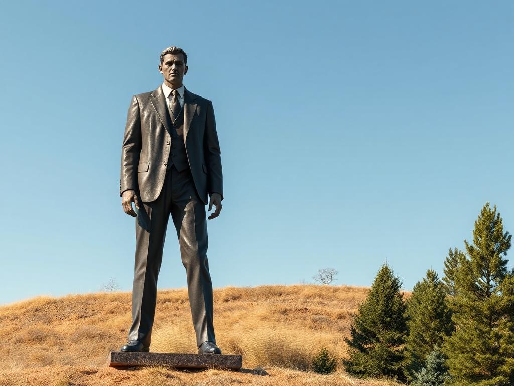 Create a realistic high-resolution photo of a life-sized statue of Robert Wadlow, the tallest man in recorded history. The statue should be depicted in a natural setting, standing tall and proud. The background should be minimalistic with clean lines, emphasizing the statue. Use bold, vibrant colors to highlight the details of the statue, capturing the essence of Robert Wadlow's stature. The composition should be simple, focusing solely on the statue without any additional distractions.