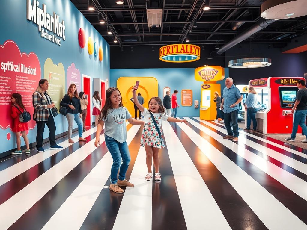 An interactive exhibit at Ripley's Believe It or Not! featuring visitors engaging with a giant optical illusion. A young girl is playfully standing on a seemingly tilted floor, while her family laughs and takes pictures. The background includes colorful graphics and playful signage explaining the science behind the illusion. Bright lighting enhances the fun atmosphere, with other visitors in the background exploring different interactive stations.
