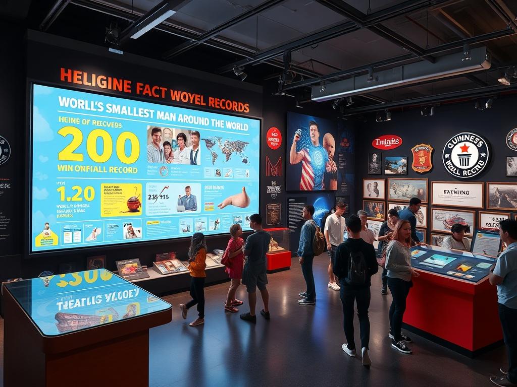 A visually striking display highlighting unbelievable facts and records from around the world. This gallery showcases a large screen with animated statistics and images, surrounded by interesting artifacts like the world's smallest man and a collection of Guinness World Records. The design is modern and engaging, with vibrant colors and interactive touch points where visitors can learn more about each fact. The atmosphere is lively, filled with excited chatter from visitors.