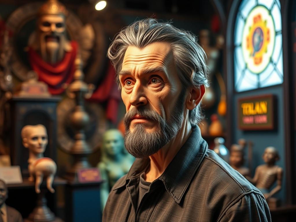 Create a realistic, high-resolution photo capturing the essence of Ripley's Believe It or Not! in Wisconsin Dells. The composition should be simple and clear, featuring a single, captivating subject: a life-sized, intricately detailed wax figure of a famous oddity, such as the "Tallest Man in the World." 

Place the figure against a subtle, soft-focus background of a colorful exhibit showcasing various curiosities—mystical artifacts, bizarre sculptures, and fascinating displays that evoke a sense of wonder. The lighting should be bright yet warm, accentuating the lifelike details of the wax figure while creating a welcoming atmosphere that invites viewers to explore more about the wonders of Ripley's.

Use bold, vibrant colors to bring the exhibit to life, ensuring that the image maintains a minimalistic style with clean lines. The overall shot should convey a sense of excitement and intrigue, encouraging viewers to delve into the fascinating world of Ripley's Believe It or Not!.