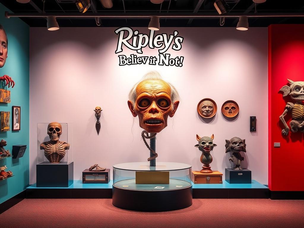 A realistic high-resolution photo of a colorful, vibrant exhibit inside Ripley's Believe It or Not! featuring bizarre artifacts and eye-catching displays. The focus should be on a single unusual item, such as a shrunken head or a unique sculpture, set against a clean, minimalistic background that highlights the vibrant colors and intricate details of the exhibit. The lighting should be bright yet inviting, creating an atmosphere of excitement and intrigue.