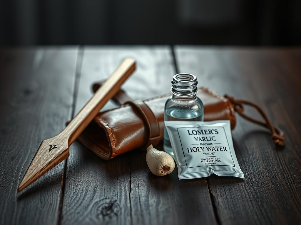 A realistic high-resolution image of a Vampire Killing Kit, featuring a wooden stake, a small glass vial of holy water, a packet of garlic powder, and a leather pouch. The kit is arranged neatly on a dark wooden table, with a subtle light source illuminating the items. The background is blurred to emphasize the details of the kit, showcasing the craftsmanship of each tool in photorealistic detail, highlighting the textures and colors.